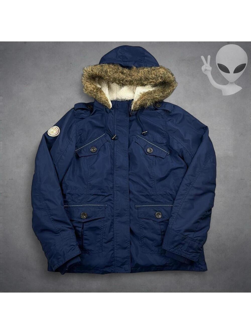 U.S. Polo Assn. Sherpa Lined Parka Jacket Faux Fur Hood Women's Size L Navy